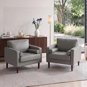 34.5" Arm Chairs, Modern Faux Leather Accent Chair, Dark Gray - Set of 2