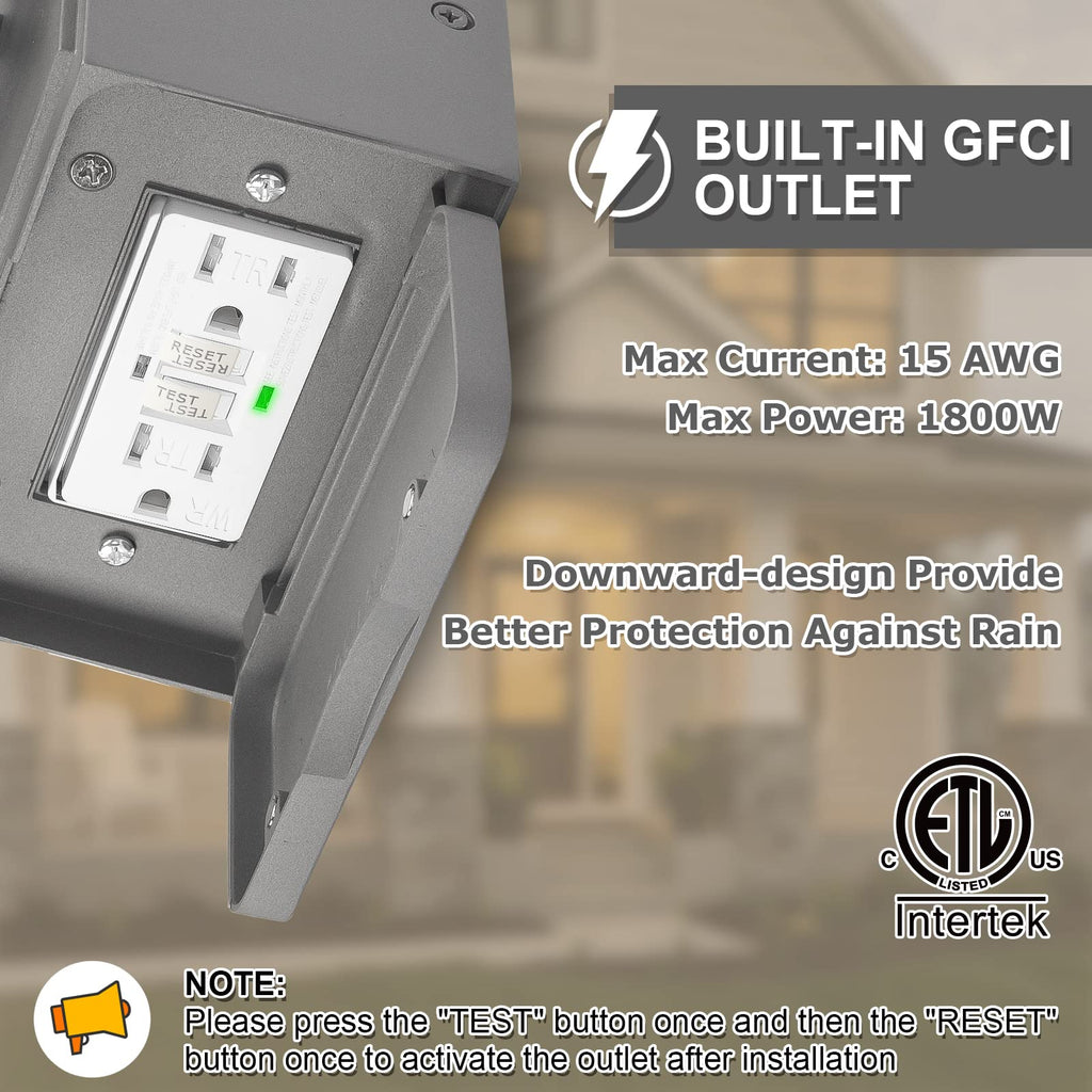 Outdoor Wall Sconce, Dusk to Dawn Porch Light with GFCI Outlet Built in