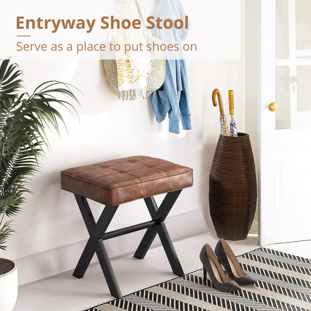 Vanity Stool, Square Faux Leather Makeup Stool with Metal X Legs, Small Ottoman Stool Chair for Vanity, Modern Padded