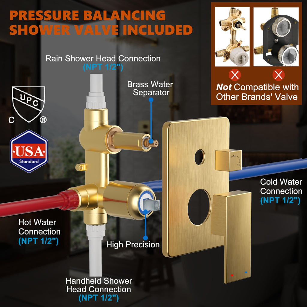 Gold Shower System, 10'' Gold Shower Head with Handheld Combo Spray