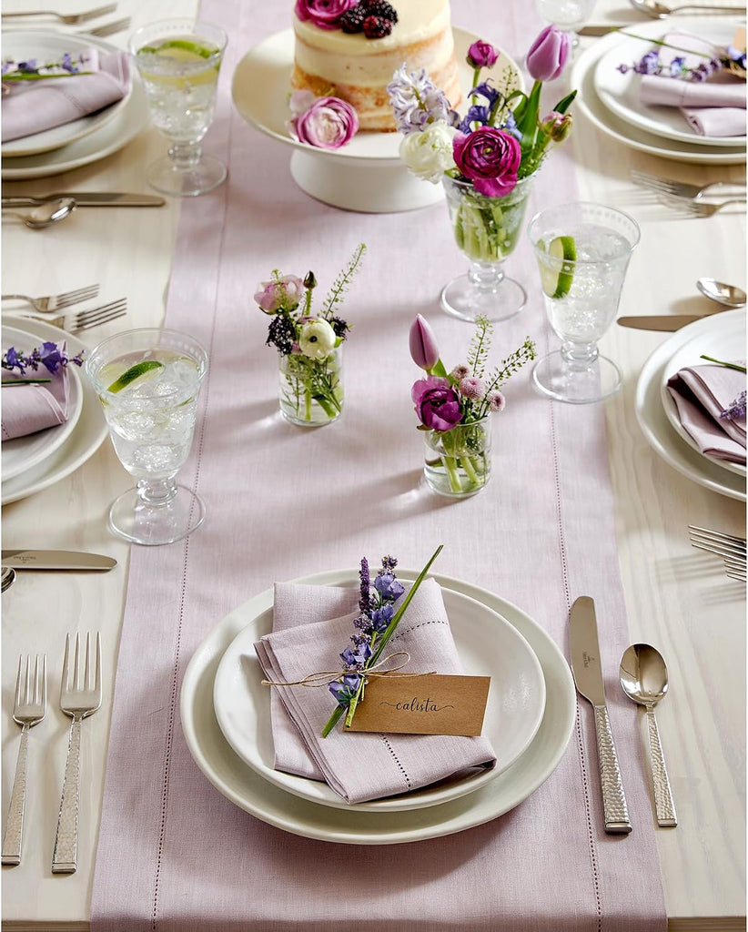 100% Linen Table Runner Lilac, Classic Hemstitch 14 x 108 in | Table Runners for 8-10 seater dining tables and