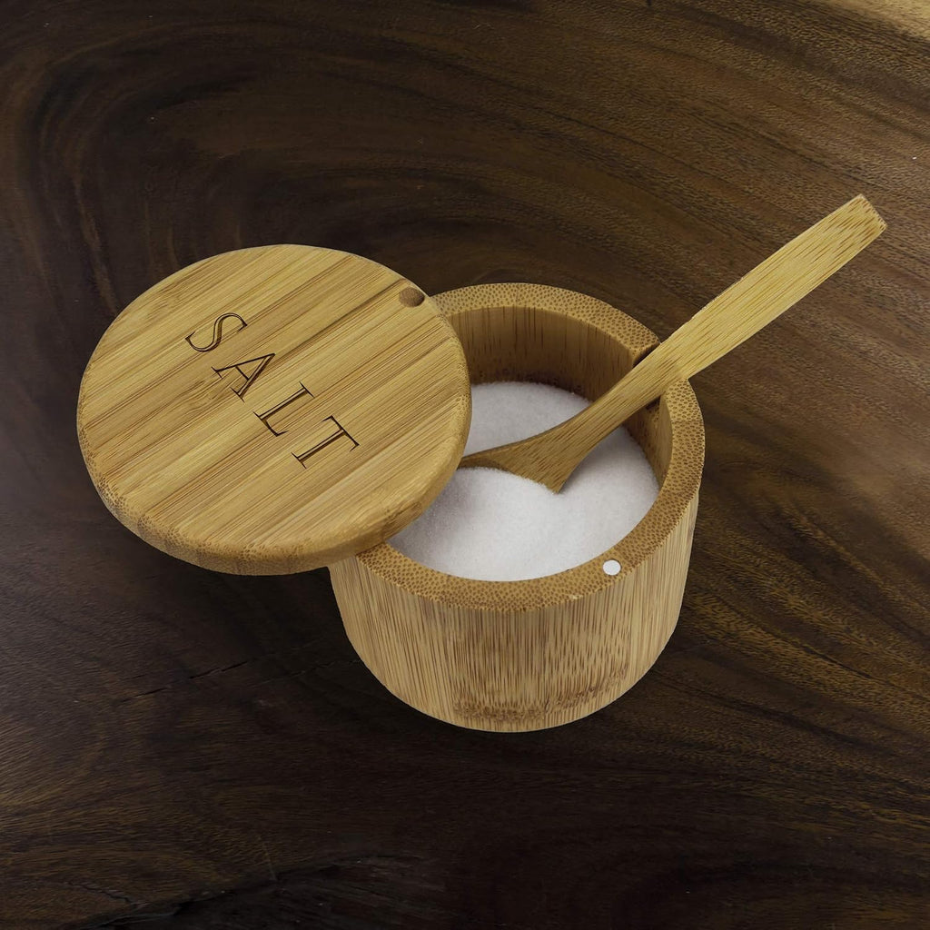 Salt Cellar Bamboo Storage Box with Magnetic Swivel Lid, 6 Ounce Capacity, Engraving on Lid, Includes Salt Spoon