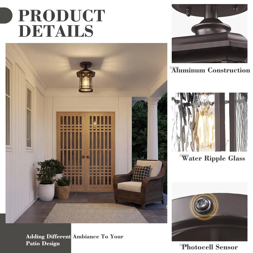 Dusk to Dawn Semi Flush Mount Celing Light, 10.9" Outdoor Porch Light with Water Ripple Glass, Oil Rubbed Bronze