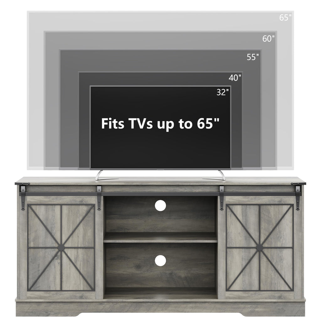 Farmhouse TV Stand for 65/60/55 Inch Tvs, Sliding Barn Doors, Grey