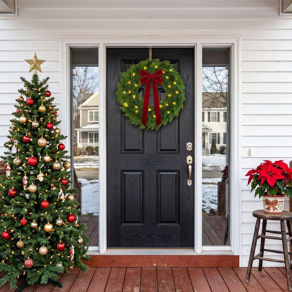 Christmas Decorations, 22 Inch Pre-Lit Christmas Wreath with Red Velvet Bow