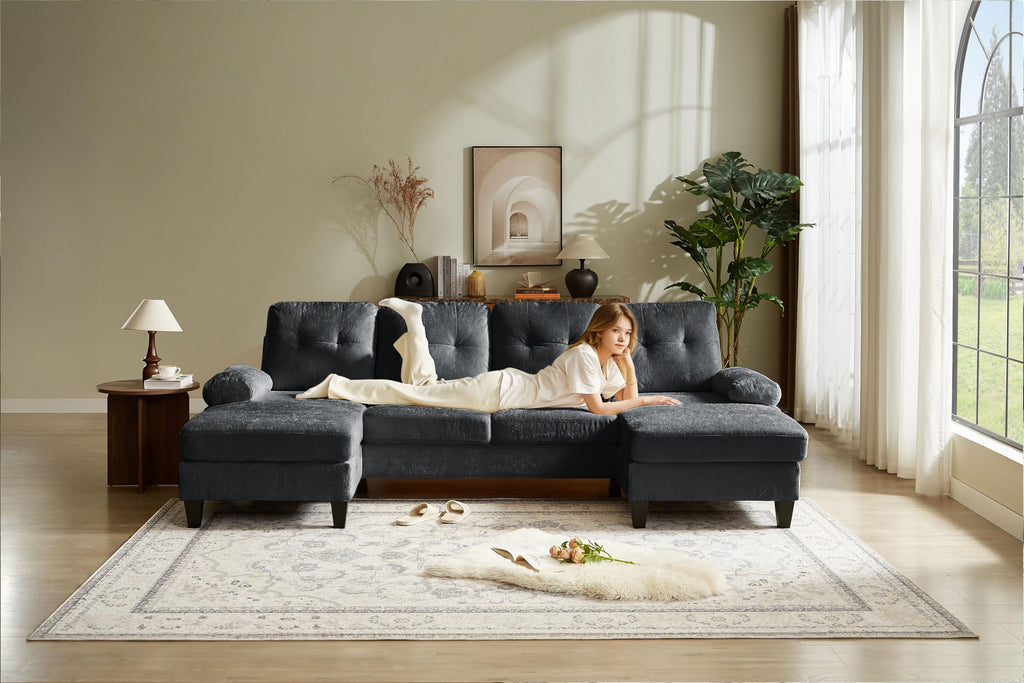 105" Sectional Sofa Couch, U Shape Sofas 4 Seat Couches with Double Chaise and Armrest, Modern Polyester Velvet