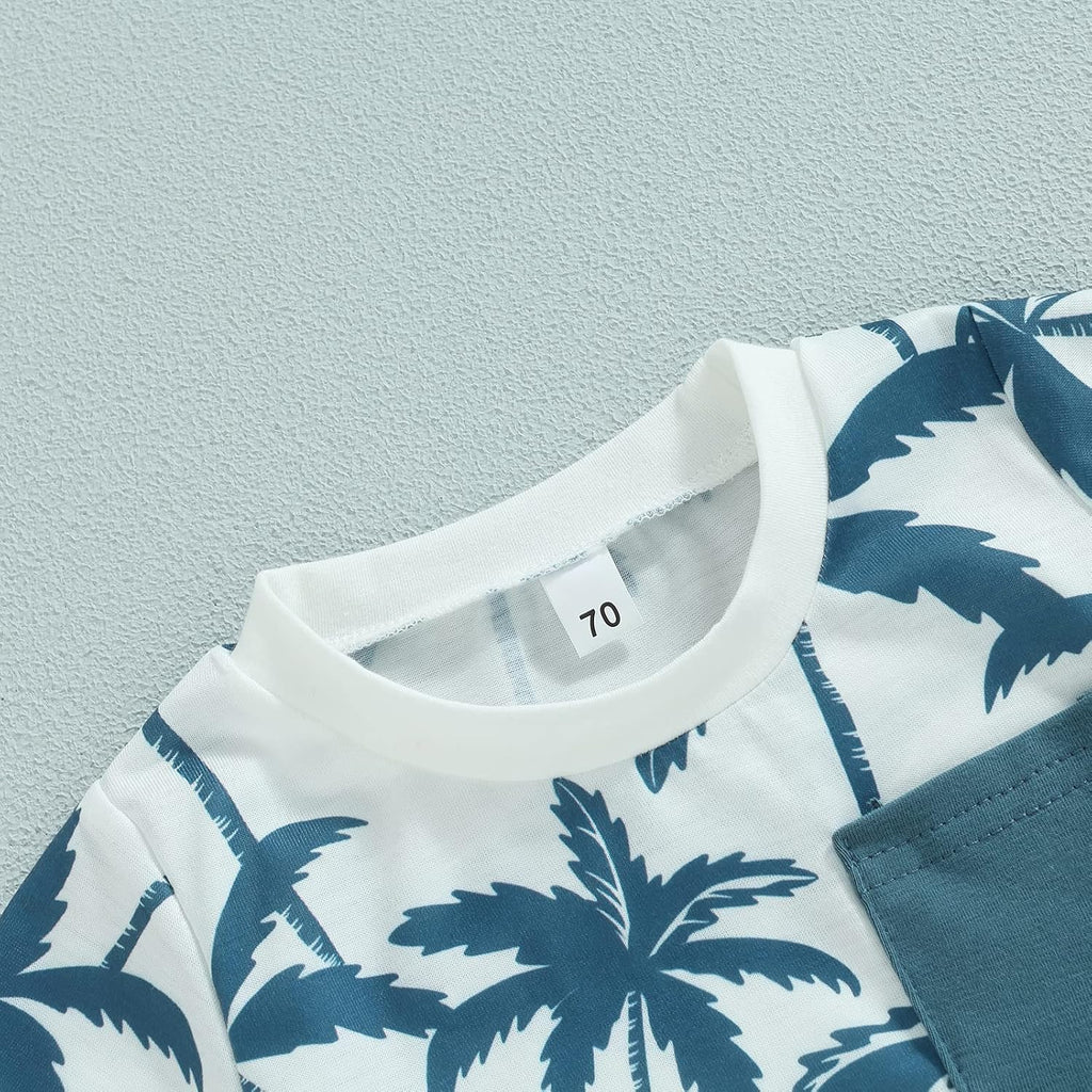 Toddler Baby Boy Clothes Beach Short Sleeve Palm Print Hawaiian T-Shirt and Drawstring Shorts Set Summer Outfit
