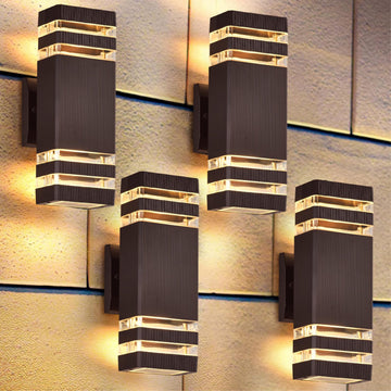 4 Pack Outdoor Wall Lights, Brown Exterior Lighting Fixtures Wall Mount, 2-Layer Modern Outdside Lights, Up and Down