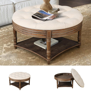 31.5in Farmhouse Round Ottoman Coffee Tables Office, Tufted Upholstered Linen Ottoman Centre Table with Storage Shelf