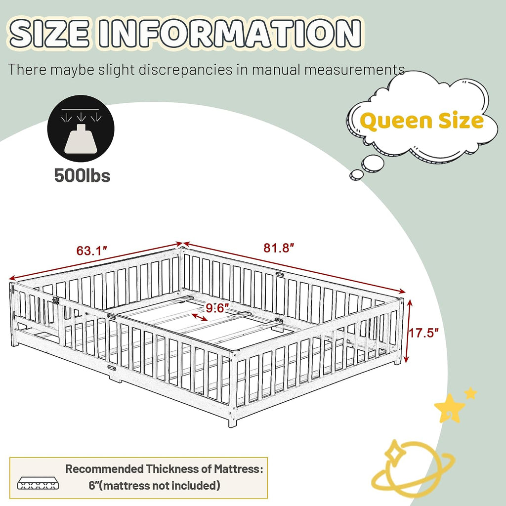 Floor Bed with Safety Guardrails for Kids, Rubber Wood Montessori Bed with Slats and Convertible Door