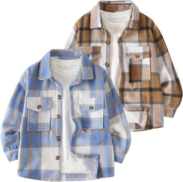 Boys Plaid Flannel Shirt 2 Piece Long Sleeve Tops Button Down Shirts