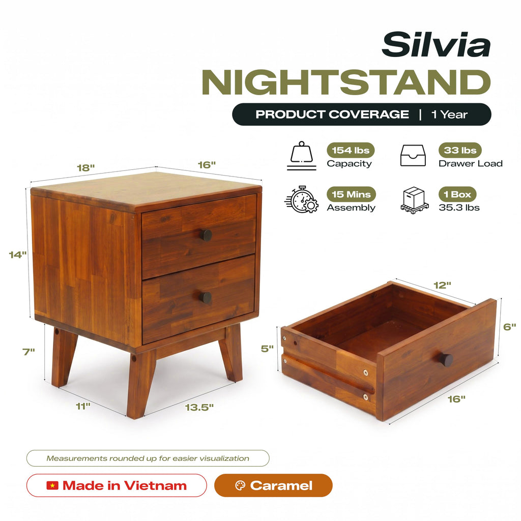Silvia Nightstand with 2 Drawers, Solid Wood Bedside Table, Table with Storage Drawers, Bedside End Table with