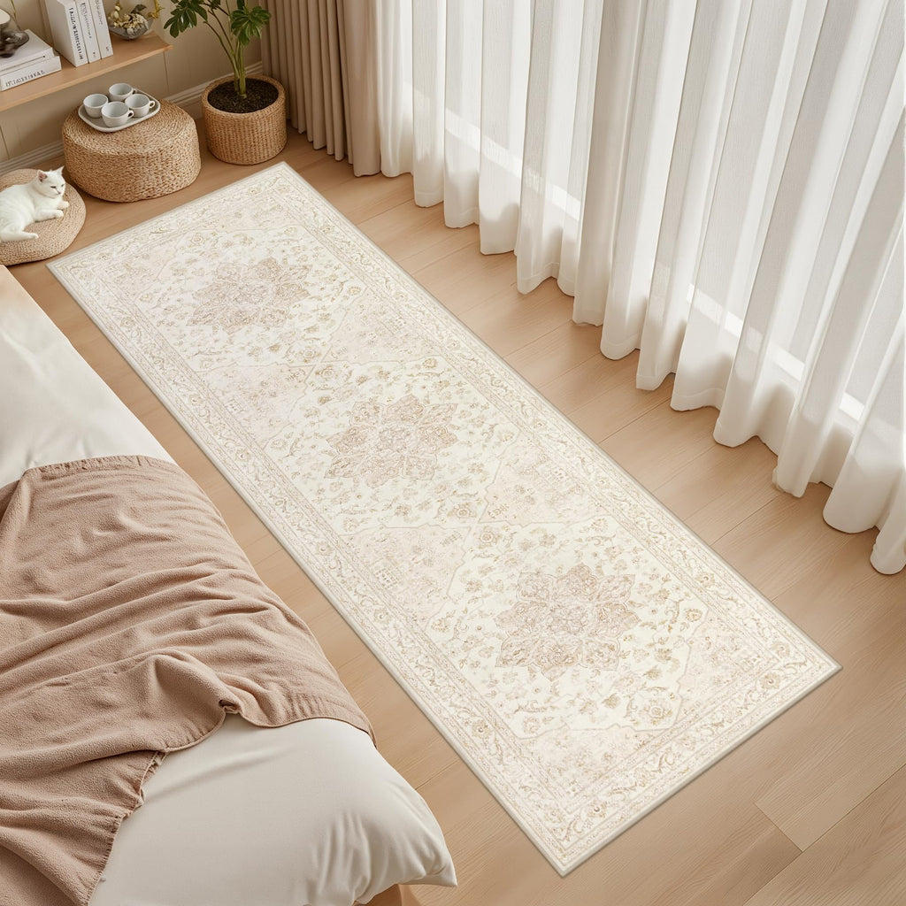 2x14 Hallway Washable Runner Rug: Kitchen Carpet Beige White