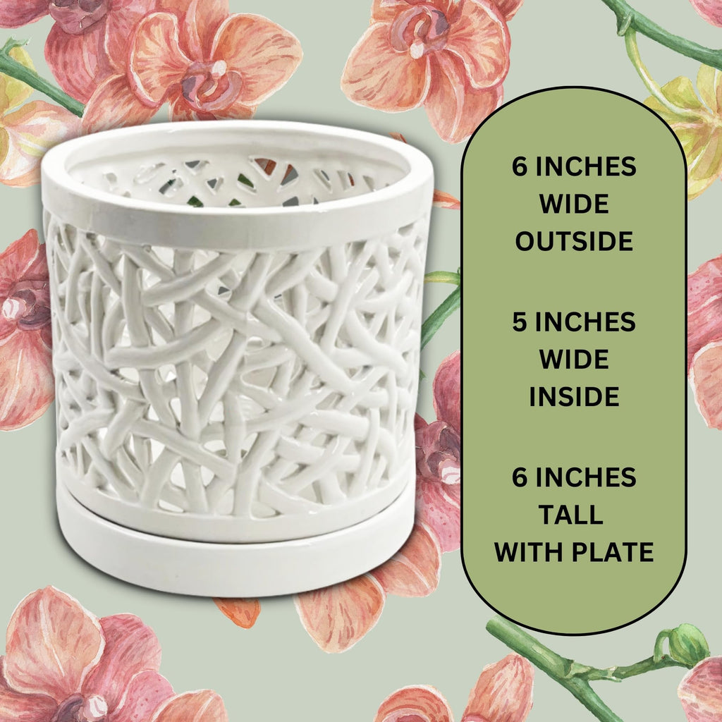 Set of 2 Large Ceramic Orchid Pots with Holes, 6 Inches Wide, for Indoors or Outdoors with Woven String Cut Out Design