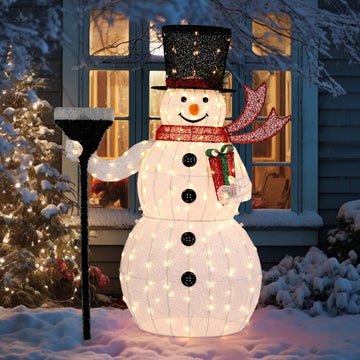 5FT Outdoor Snowman Christmas Decorations, Lighted Outdoor Snowman w/200 LED Lights, Tall Hat, Red Scarf, Ground