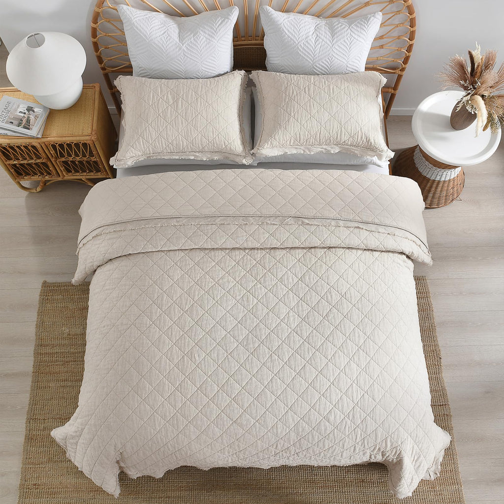 100% Linen Front/100% Cotton Back Quilt Set, Pre-Washed Flaxen Bedspread Coverlet Set, Diamond Stitch