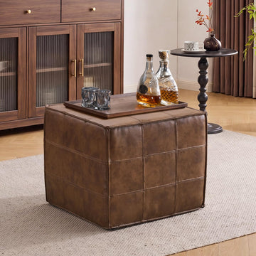 Square Genuine Leather Pouf Ottoman, No-Assembly Modern Footrest (Brown)