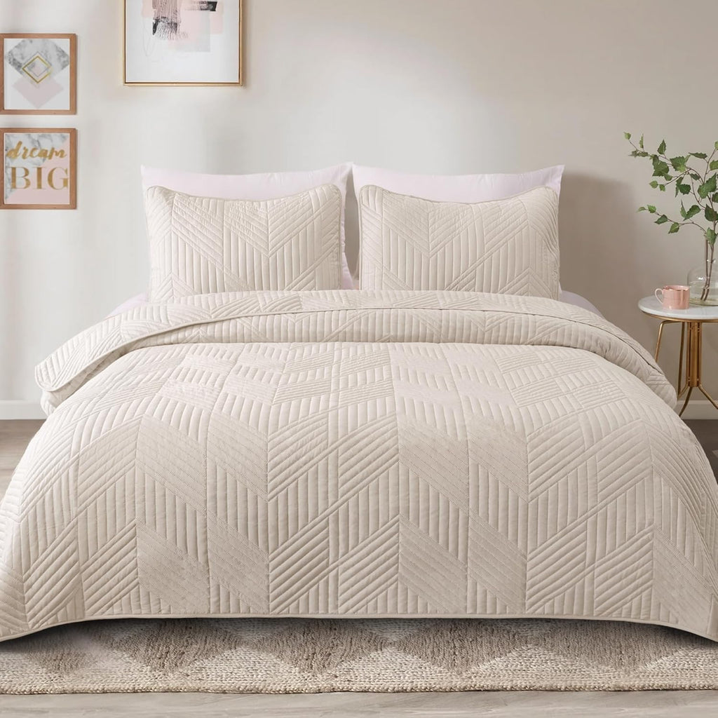 Ultrasonic Full Queen Quilt Bedding Set, Lightweight Brich Beige Bedspreads Soft Modern Geometric Coverlet Set for