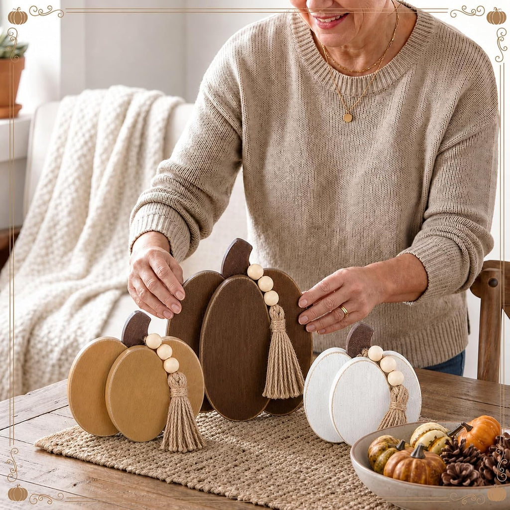 Fall Thanksgiving Pumpkin Decor with Beige Beads Fall Wooden Sign 3D Pumpkin Tabletop Centerpiece Farmhouse - Set of 3