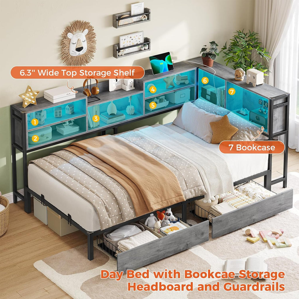 Corner Twin Bed Frame with Bookcase Storage Headboard and Led Lights,Twin Size Metal Platform Corner Bed Frames with