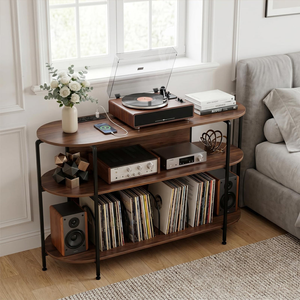 Vinyl Record Player Stand with Power Outlets, 43.3" Mid Century Turntable Stand Console Table, 3-Tier Arc Record