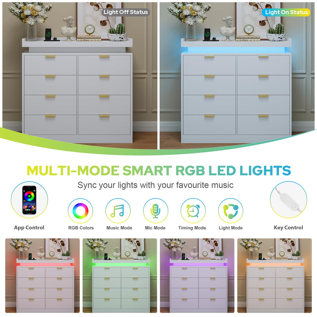8 Drawer Dresser, White Dresser with LED Lights and Power Outlet, Large Wooden Dressers Modern Chest of Drawers
