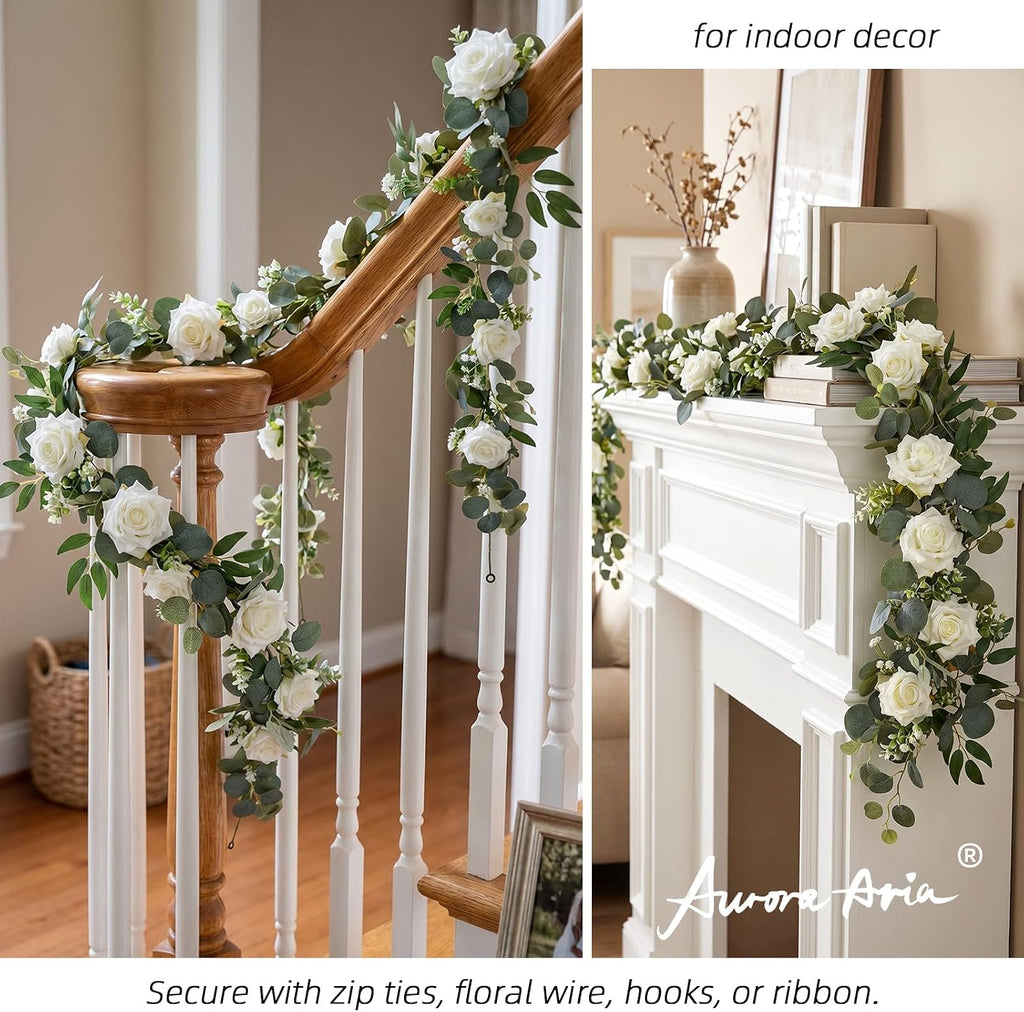 Artificial Flower Garland, White Rose Eucalyptus Vine, 2 Pack 12 ft Total, 6 ft Each, for Wedding Arch, Bridal Shower - Set of 2