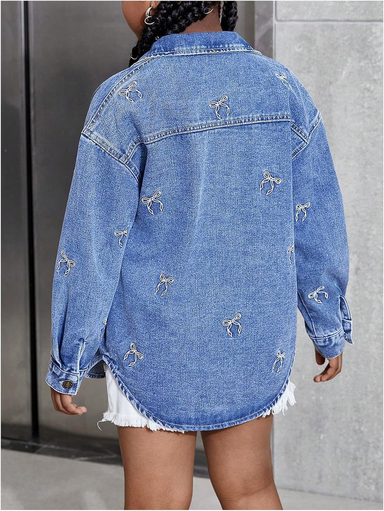 Girl's Bow Embroidered Denim Jackets Button Down Cute Jean Outerwear