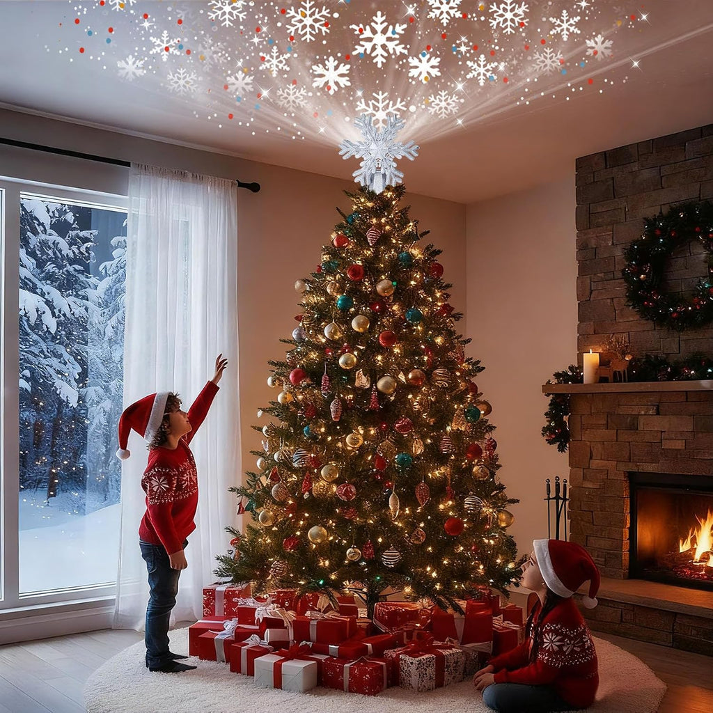 Tree Topper Lighted with LED Rotating Silver Snowflake Projector, 3D Hollow Glitter Lighted Snow Tree Topper for Xmas