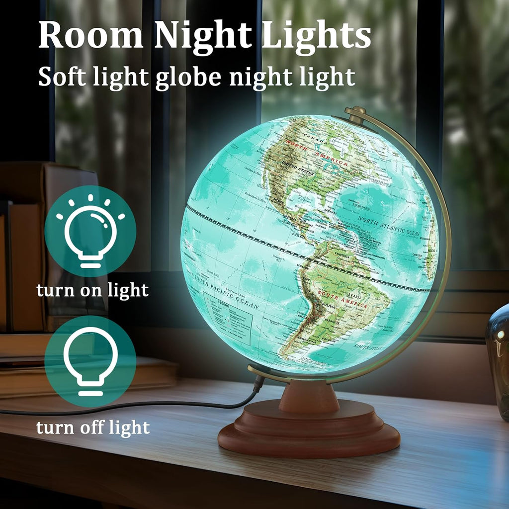 Illuminated Globe of the World with Wooden Stand, 8'' World Globe for Kids & Adults' Learning Built-in LED Night