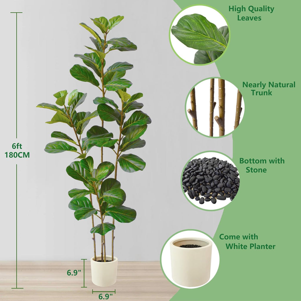 Artificial Fiddle Leaf Fig Tree 6ft Tall with White Planter
