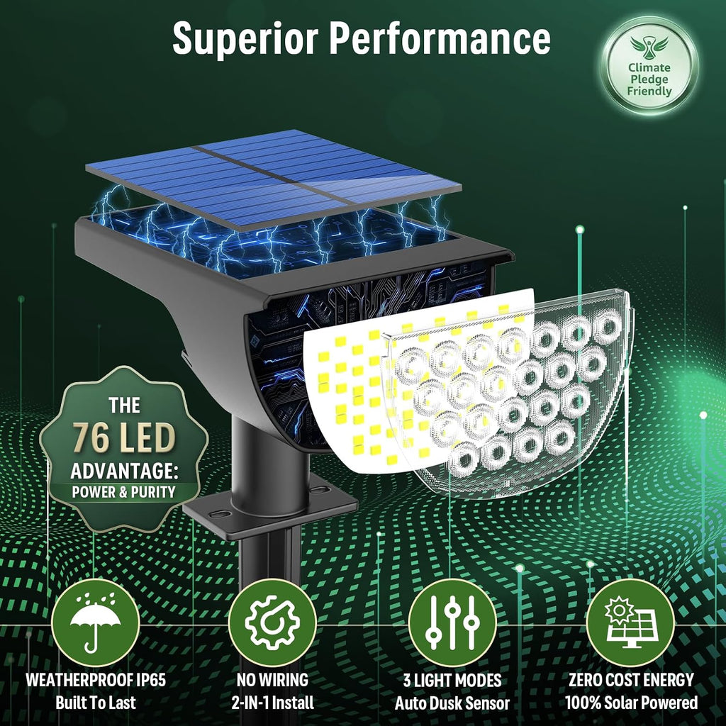 Solar Lights Outdoor Waterproof IP65, Solar Powered 76 LED 3 Lighting Modes Solar Spot Lights Outdoor for Yard Garden