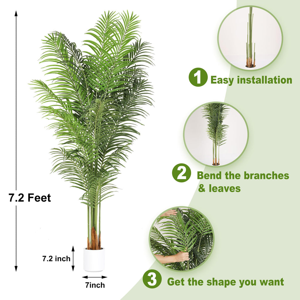 Artificial Palm Tree 7.2Ft Tall Large Fake Plant Indoor Decorative Faux Silk Green Potted Plants Living Room Outdoor