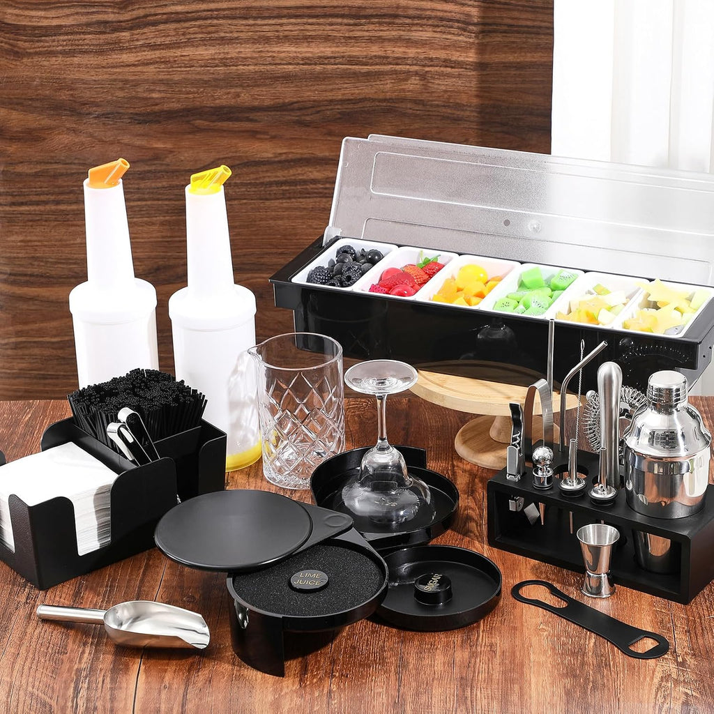 Bartender Kit, Mixologist Bartender Kit Garnish Tray with Lid Bar Caddy and 3 Tier Glass Rimmer - Set of 28