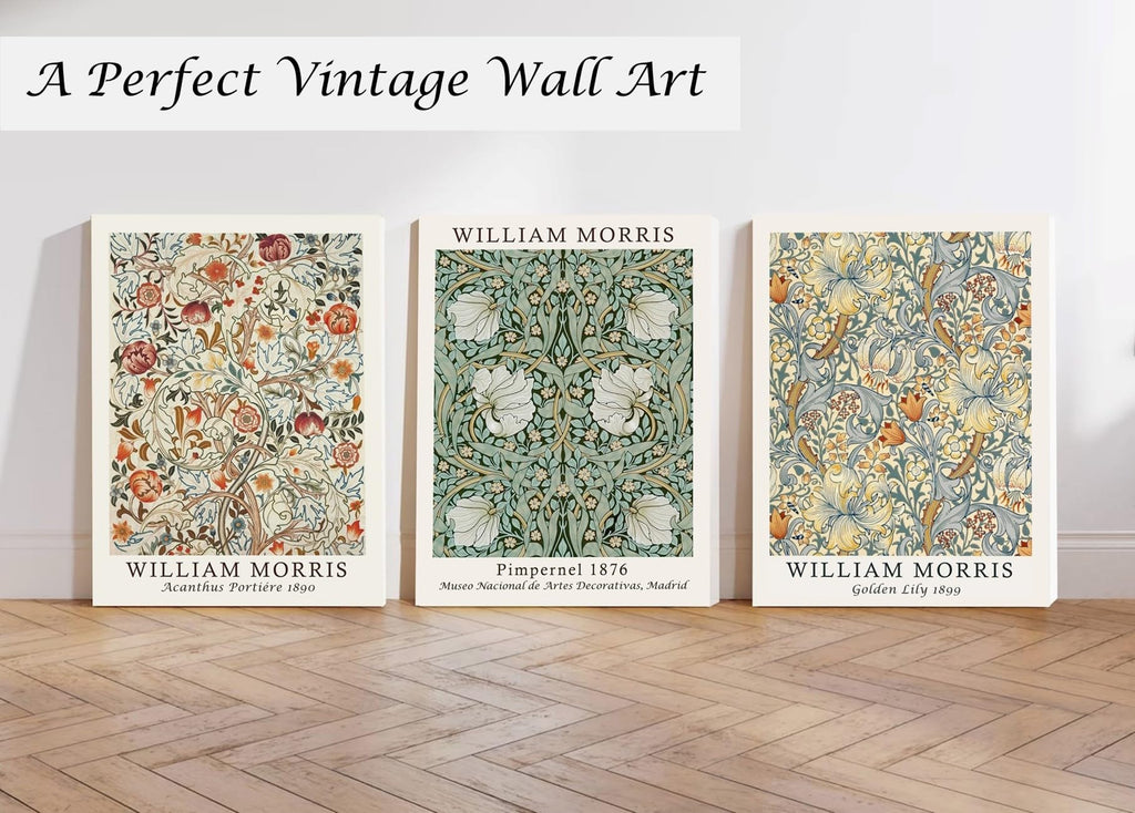Framed Flower Wall Art Canvas Decor Set of 3, William Morris Framed Prints Posters Mid Century Modern Art, Aesthetic