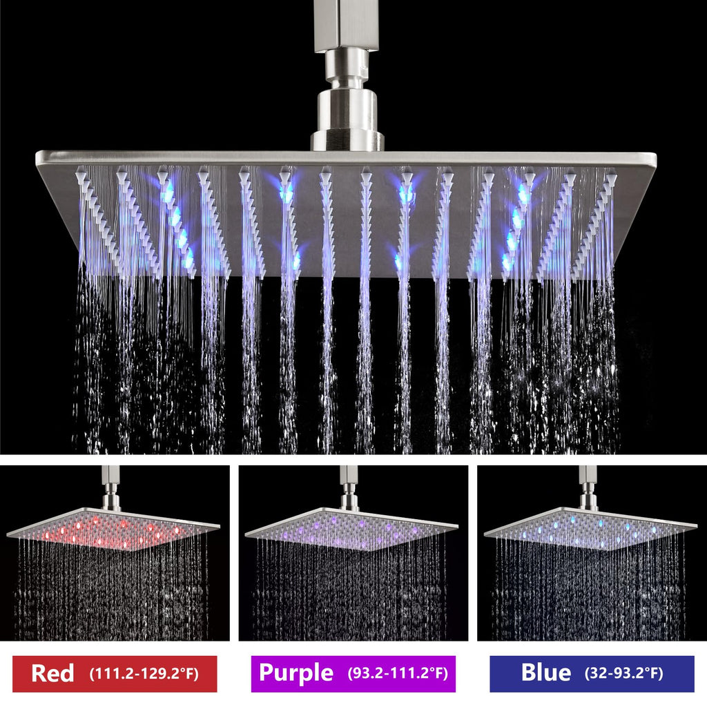 Ceiling Shower Faucet Set with Handheld 12" LED Head Brushed Nickel