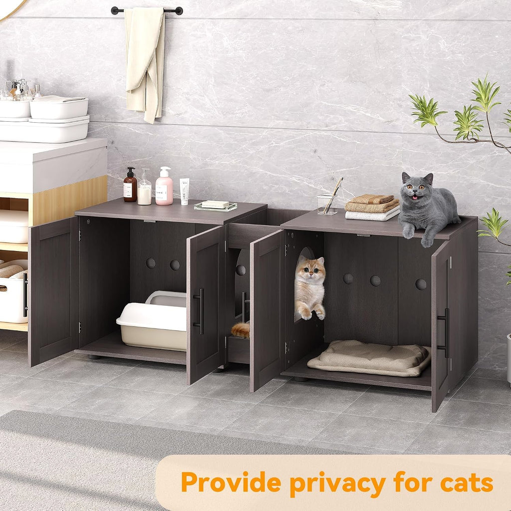 Dual Chamber Cat Litter Furniture for Multi-Cat Homes - Hidden Litter Box Cabinet with Scratching Pad & Storage