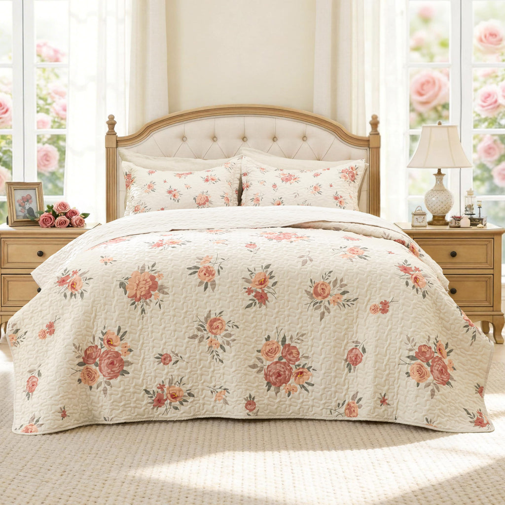 Quilts for Bedding Set Floral Bedspreads- Reversible Floral Comforter, Spring Lightweight Bedspread Quilted