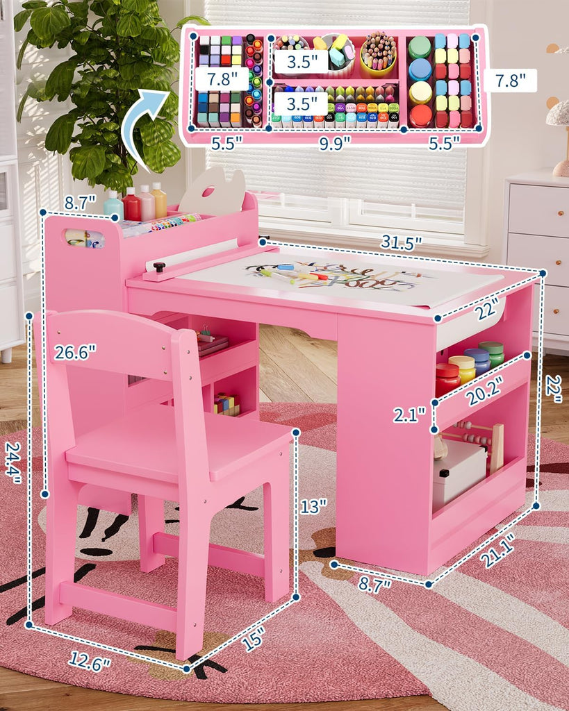Kids Art Table and 2 Chairs Set with Paper Roll Holder & Storage, Pink