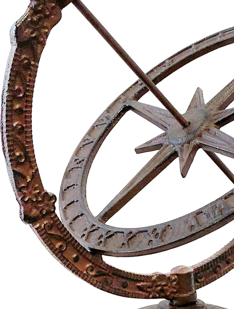 Cast Iron Armillary Sundial with Starburst | Decorative Garden Globe with Roman Numerals | Antique-Style Sphere, or