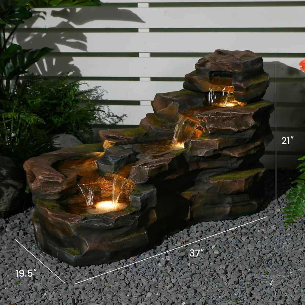 Water Fountain Outdoor Floor Standing 5-Tiers Rock Natural Waterfall Outdoor Garden Fountains with LED Lights