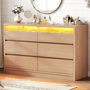 5 Drawer Dresser with LED Light, Modern Chest of Drawers with Hidden Handles, Tall Wooden Dresser Closet - Oak