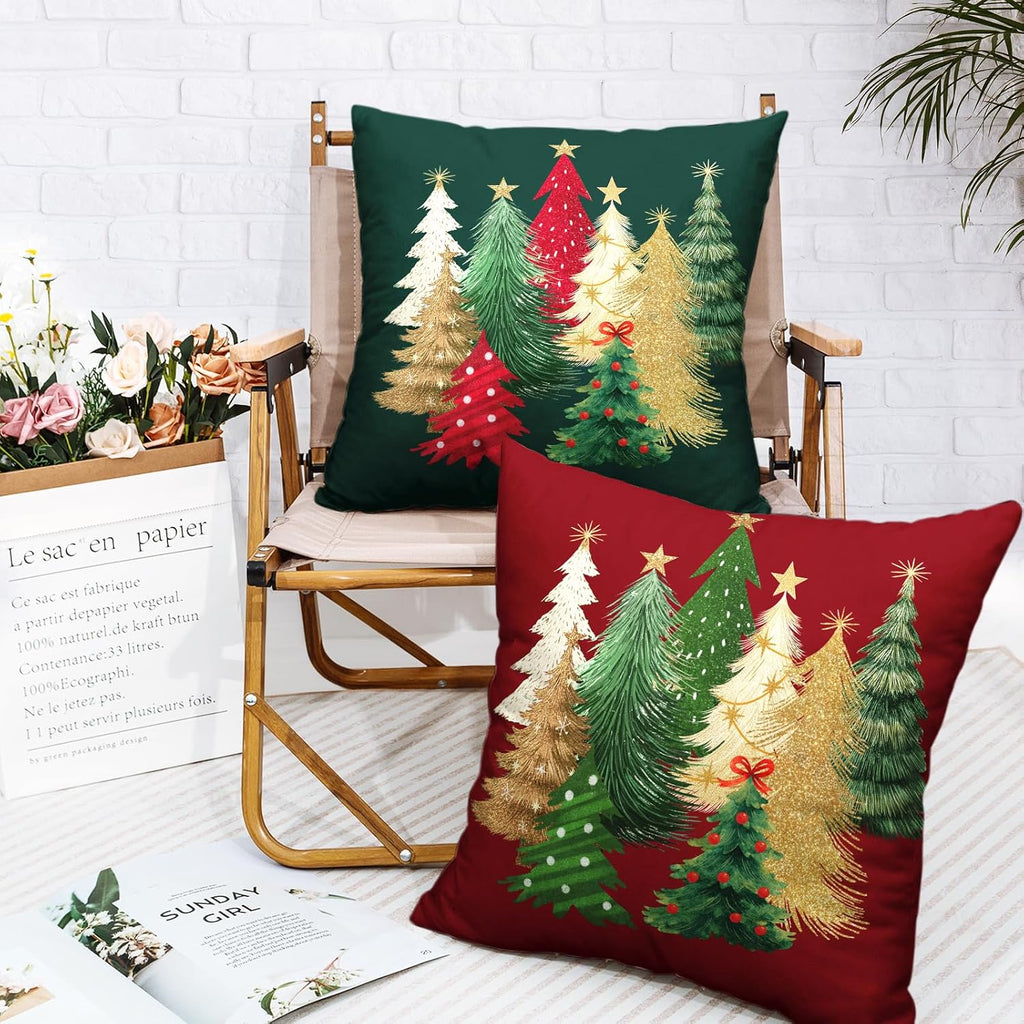 Green and Red Christmas Pillow Covers Colorful Xmas Tree Throw Pillow Covers 18x18 Winter Holiday Pillow - Set of 2