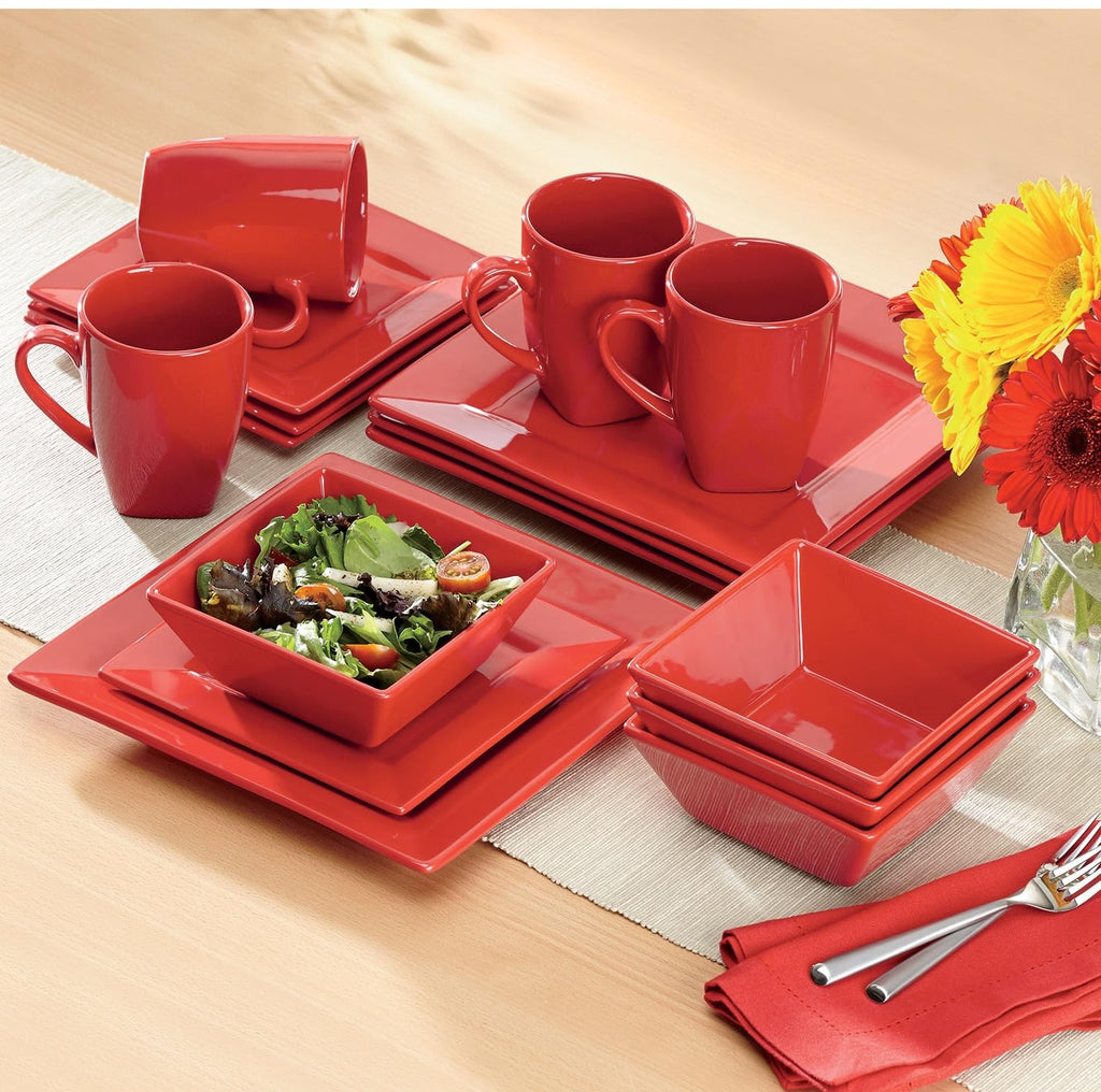 16-Piece Modern Square Dinnerware Stoneware - Red