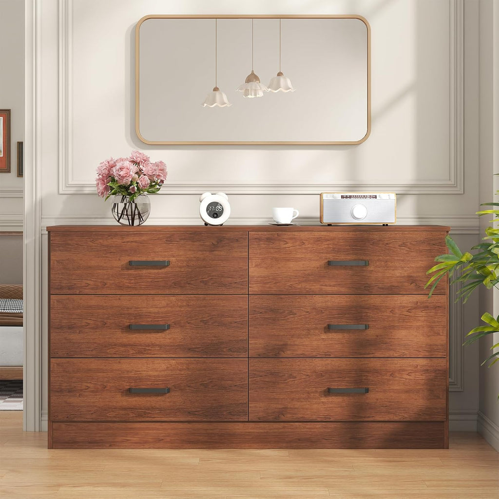 Wood Dresser , 6 Drawer Double Dresser, Mid Century Modern Chest of Drawers with Deep Drawers, Large Storage