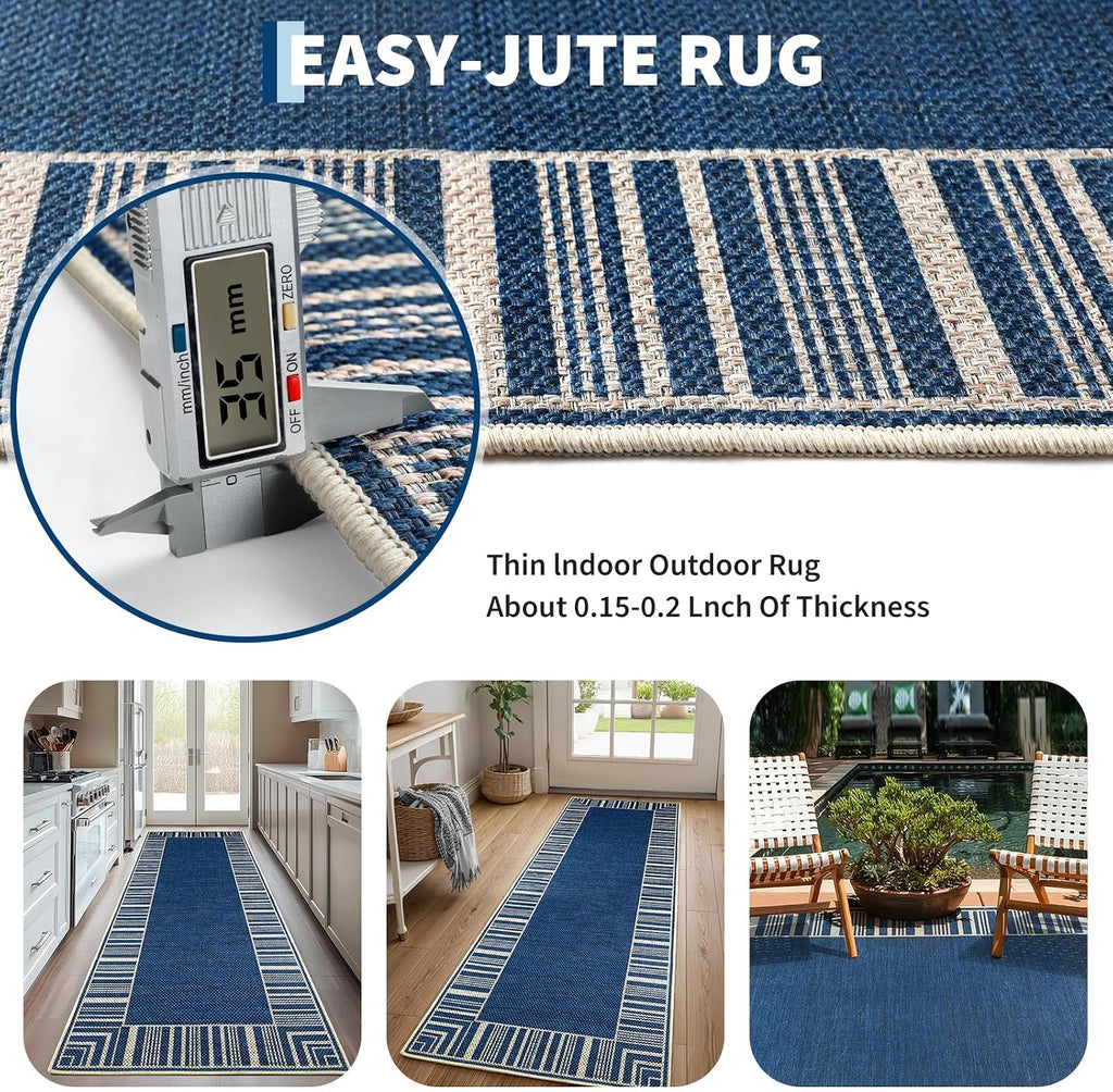 Striped Border Outdoor Rug 4x6, Washable Indoor Outdoor Patio Area Rugs for Balcony Backyard Non Slip, Modern Classic