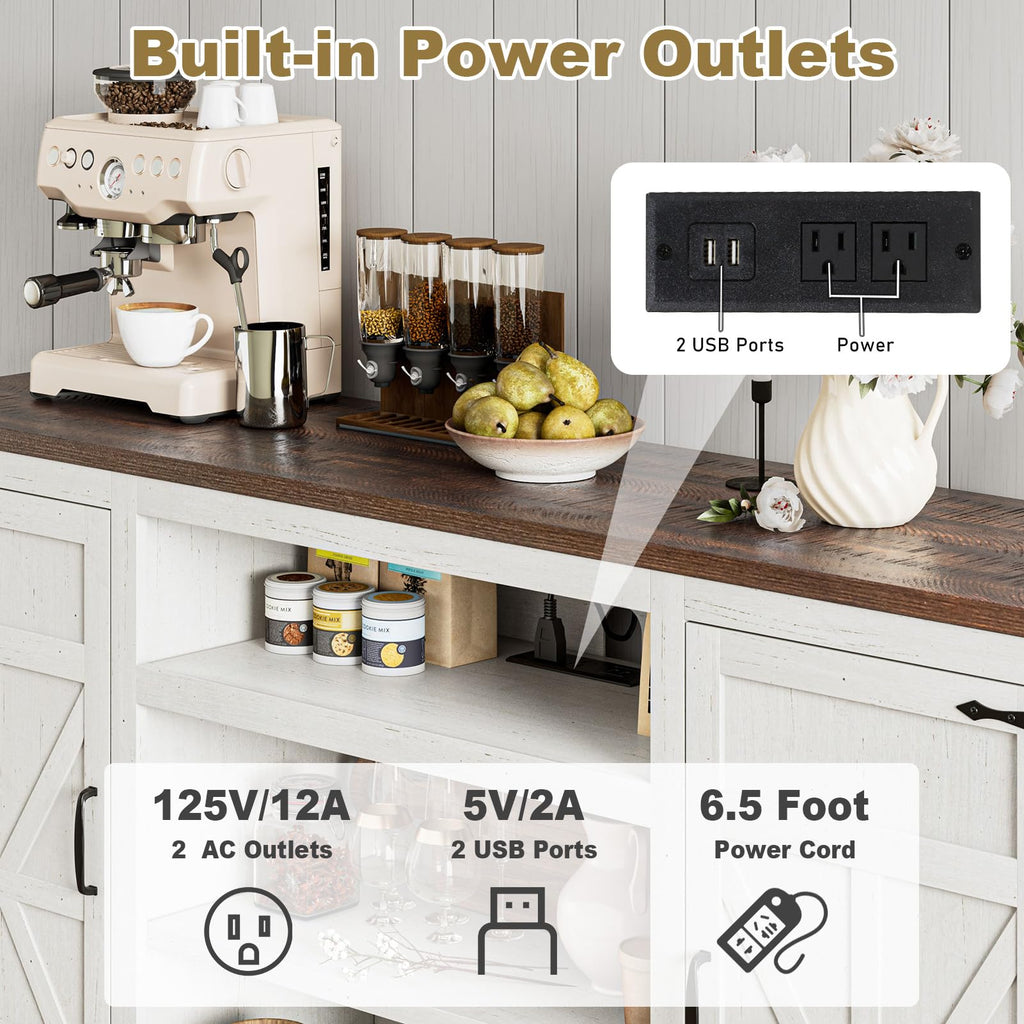 66" Farmhouse Coffee Bar with Charging Station, Sideboard Buffet with Large Storage, Wood Storage Cabinet with