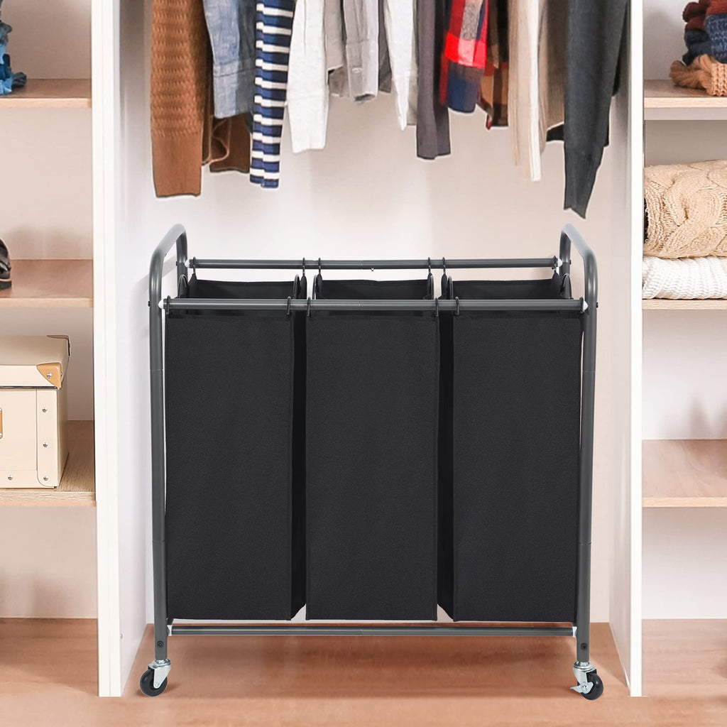 Laundry Sorter 3 Section, 3 Bag Clothes Hamper, Rolling Laundry Cart Basket with Heavy Duty Lockable Wheels and