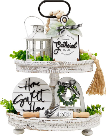 Farmhouse Tiered Tray with 1 Lantern Artificial Plant& Cutting Board Sign for Rustic Home Sweet Home - Set of 17