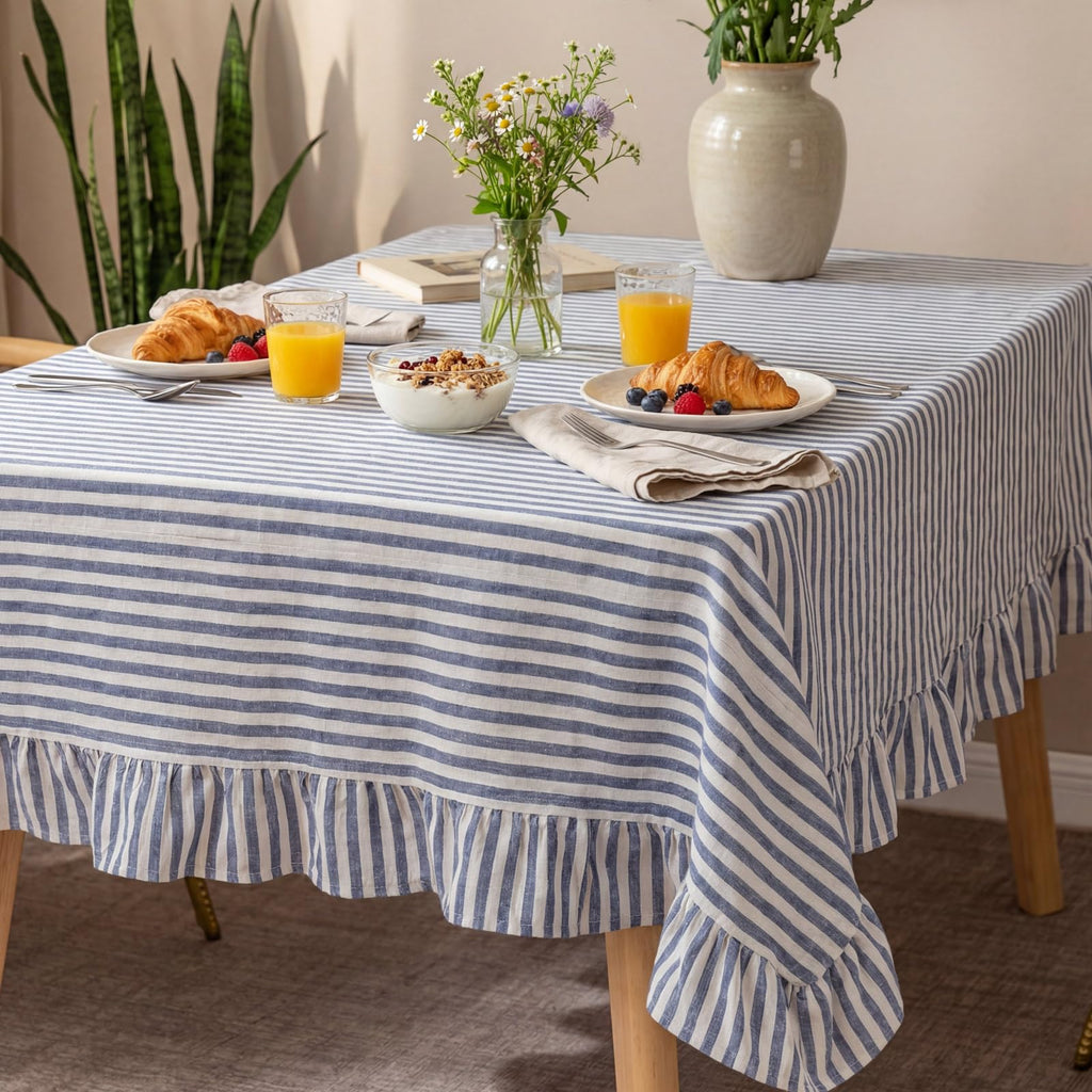 Cotton Striped Tablecloth Rectangle 52" X 70" Blue White